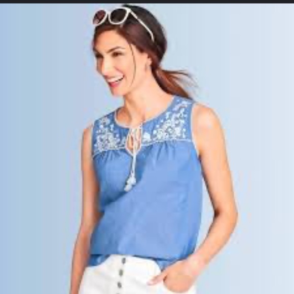 Talbots Tops - Talbots blue tank top with white embroidery tassels Size small NWOT